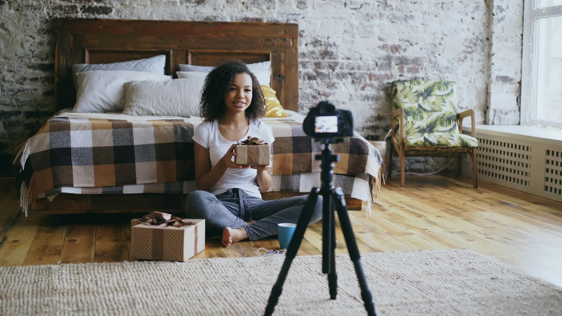 Woman unboxing on camera